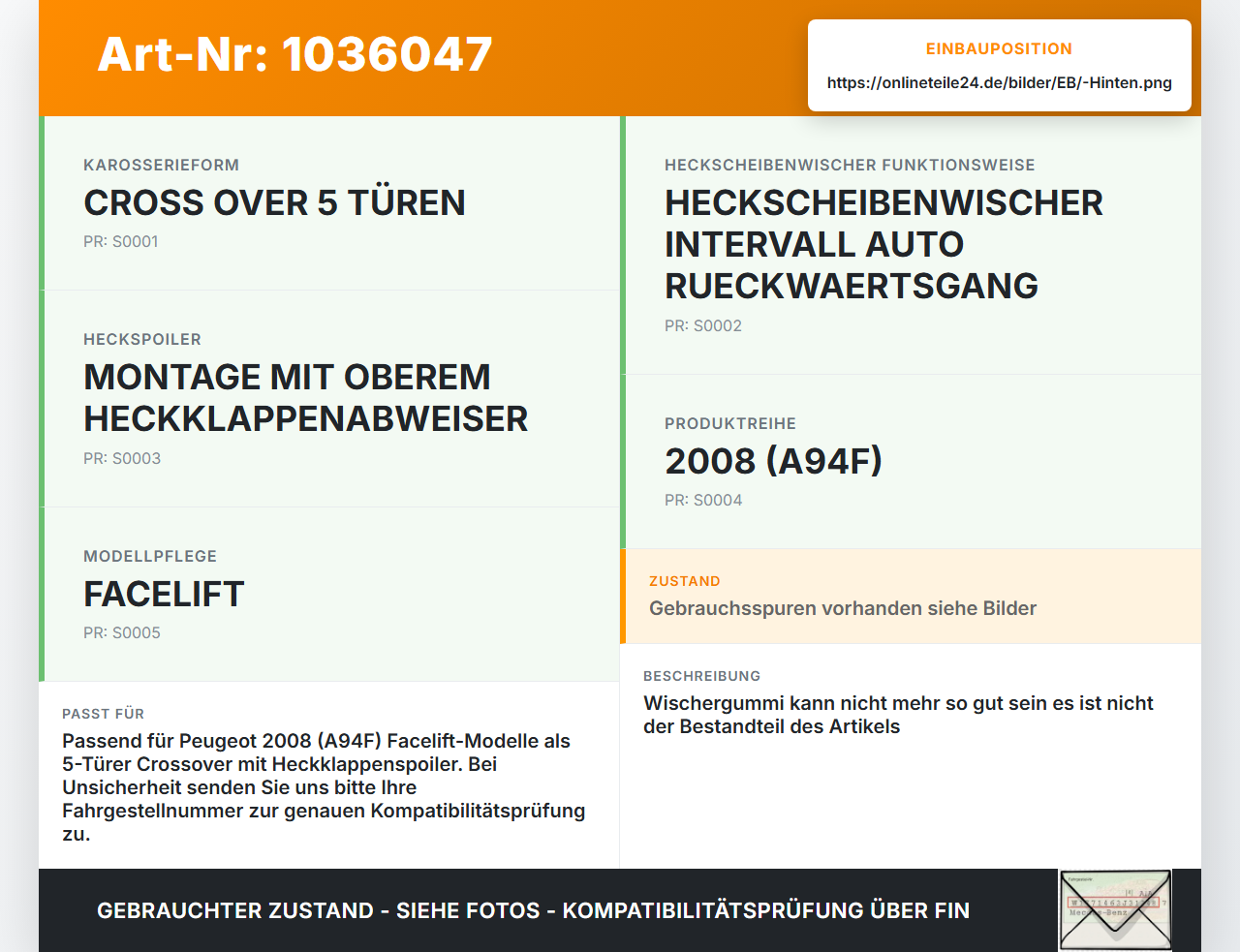 Peugeot 2008 CU 16-19 Heckwischer Scheibenwischer Hinten Wischarm Peugeot 2008 CU 16-19 30.08.2017 gebraucht Vorschau 3