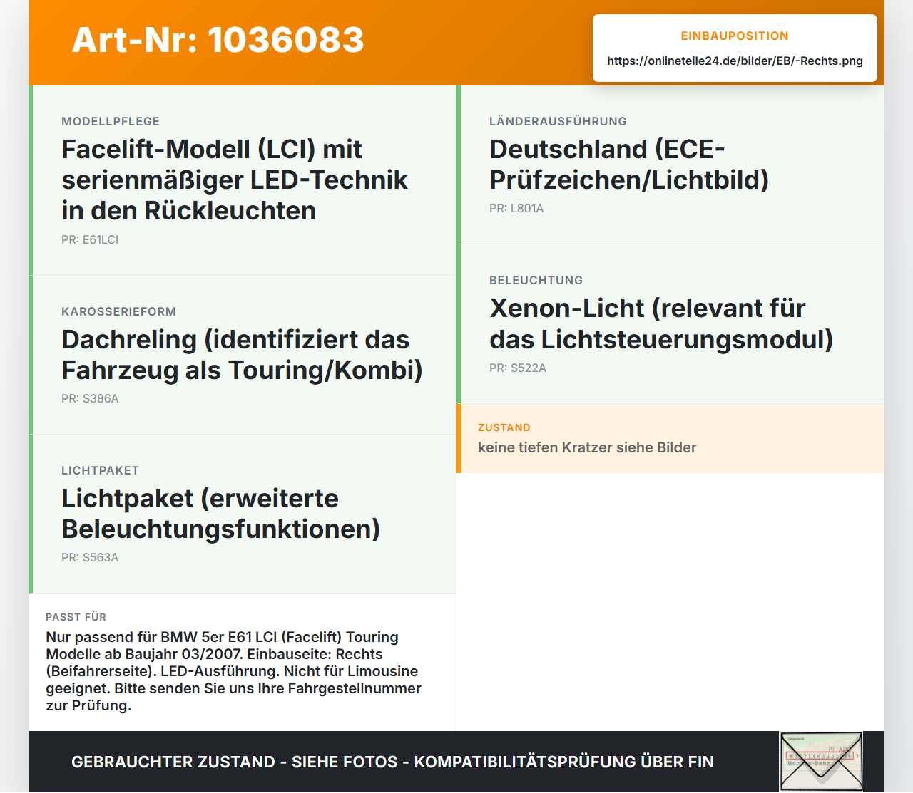 BMW 5er E61 LCI 07-10 Kombi Rückleuchte Rücklicht Heckleuchte Rechts orig LED BMW 5er E61 LCI 07-10 30.06.2009... Vorschau 3