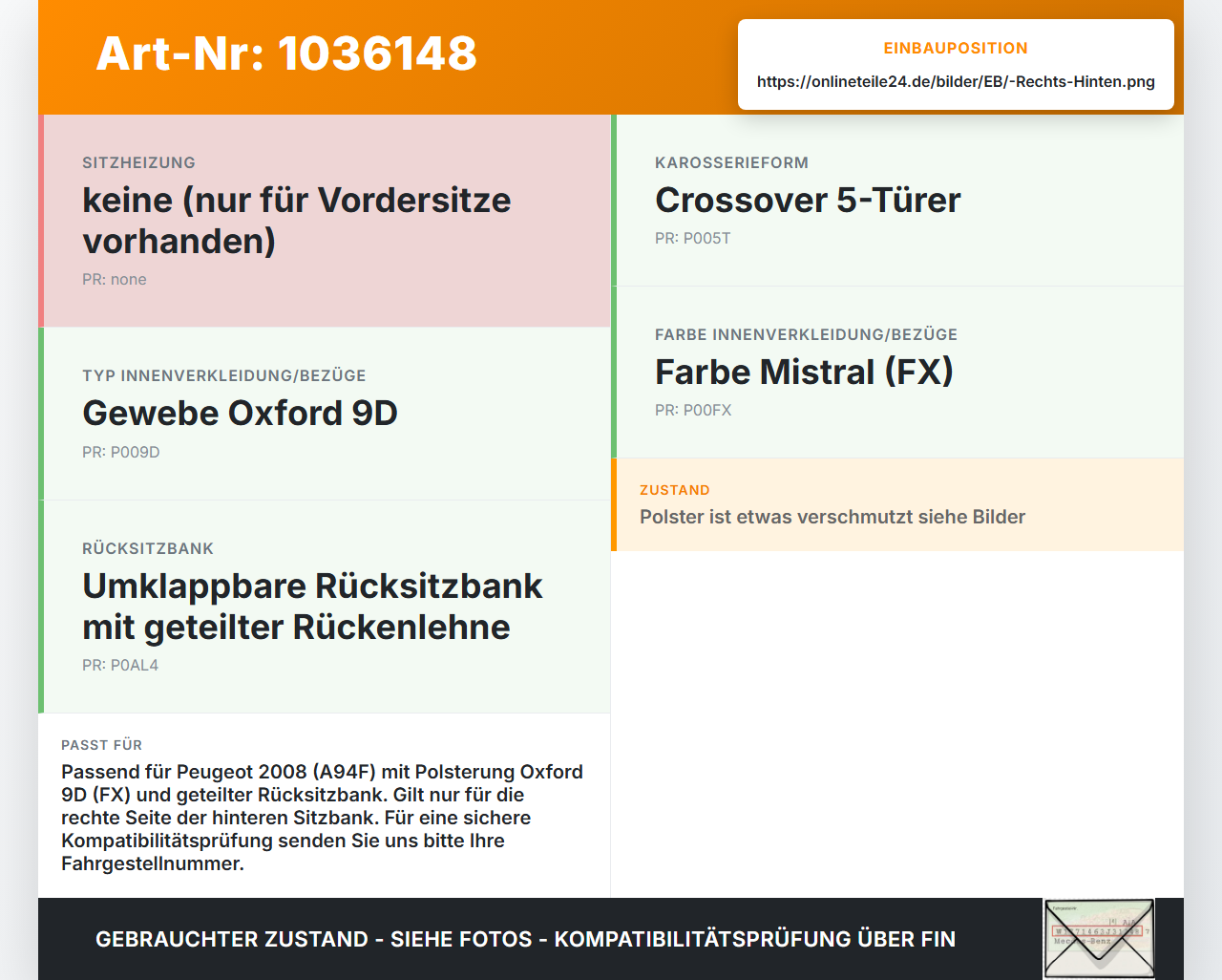 Peugeot 2008 CU 16-19 Sitzbezug Sitzpolster Rechts für Rücksitzbank Hinten Peugeot 2008 CU 16-19 30.08.2017... Vorschau 3
