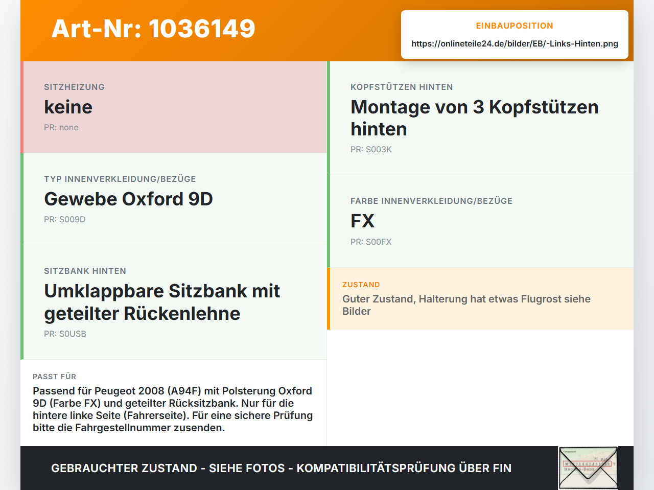 Peugeot 2008 CU 16-19 Sitzbezug Sitzpolster Links für Rücksitzbank Hinten Peugeot 2008 CU 16-19 30.08.2017 gebraucht Vorschau 3