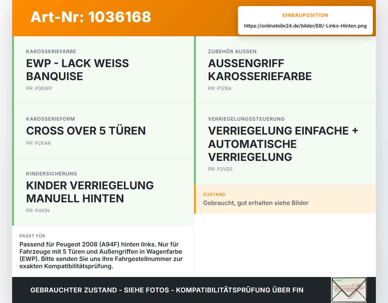 Peugeot 2008 CU 16-19 Türgriff Griff aussen Links Hinten EWP Peugeot 2008 CU 16-19 30.08.2017 gebraucht Vorschau 3