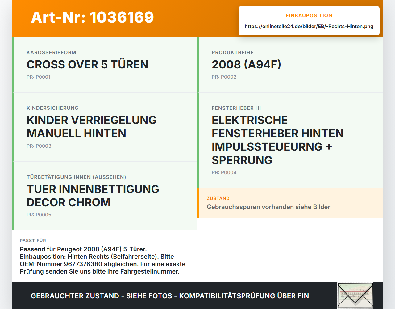 Peugeot 2008 CU 16-19 Türfangband Türbremse Türanschlag Rechts Hinten Peugeot 2008 CU 16-19 30.08.2017 9677376380... Vorschau 3