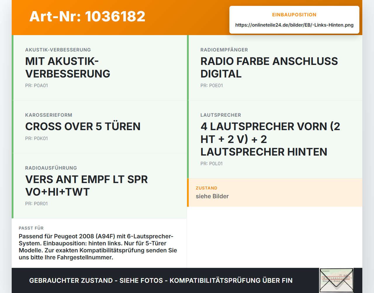Peugeot 2008 CU 16-19 Lautsprecher Links Hinten Peugeot 2008 CU 16-19 30.08.2017 9809320280-00 90016439404... Vorschau 3
