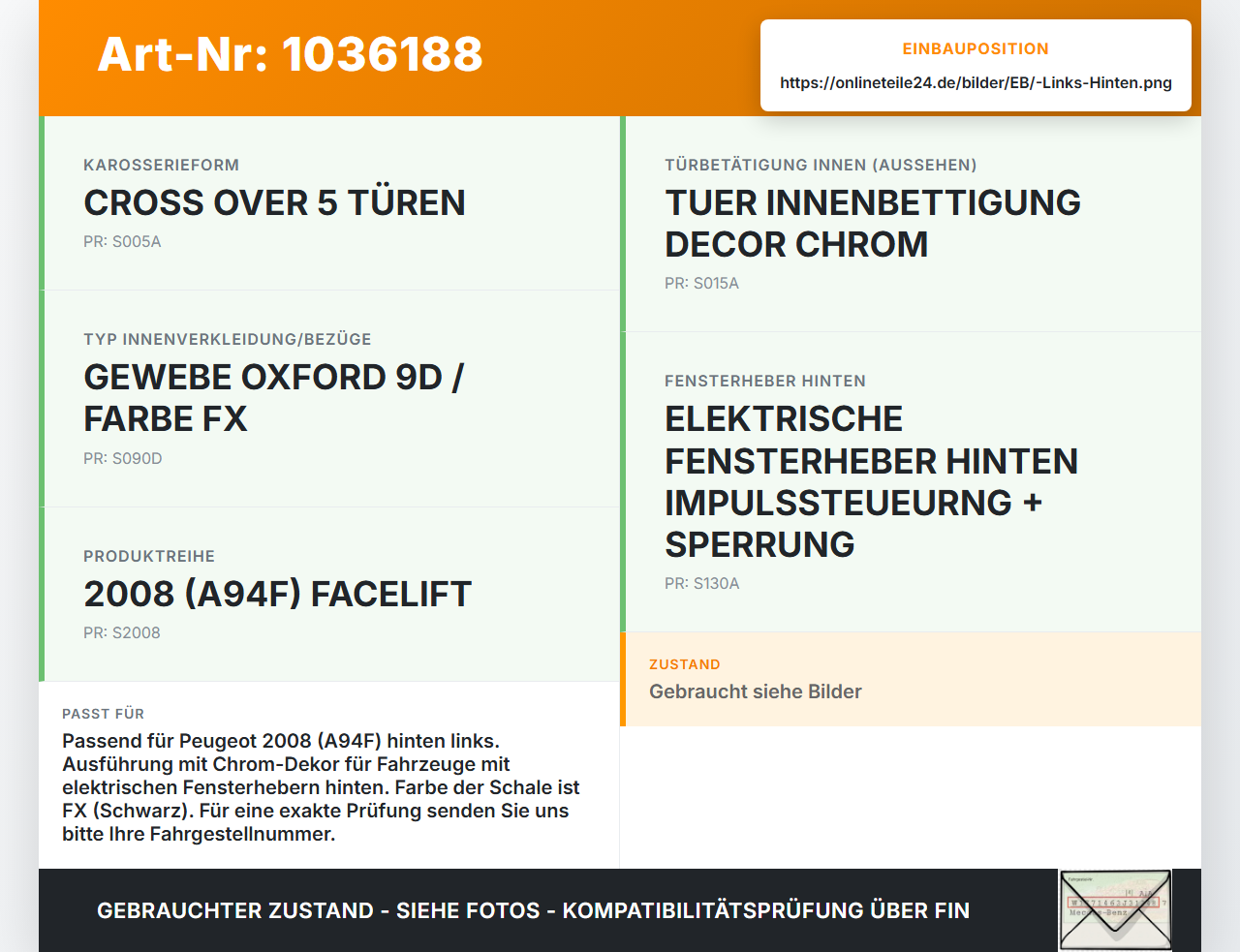 Peugeot 2008 CU 16-19 Türgriff Griffmuschel Griff Innen Links Hinten Peugeot 2008 CU 16-19 30.08.2017 303966... Vorschau 3