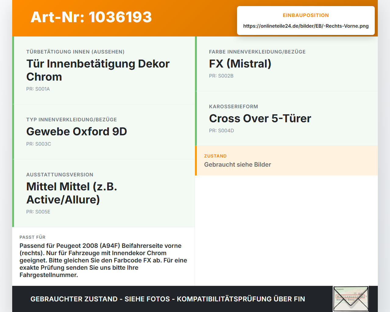Peugeot 2008 CU 16-19 Türgriff Griffmuschel Griff Innen Rechts Vorne Peugeot 2008 CU 16-19 30.08.2017 96555516VV... Vorschau 3