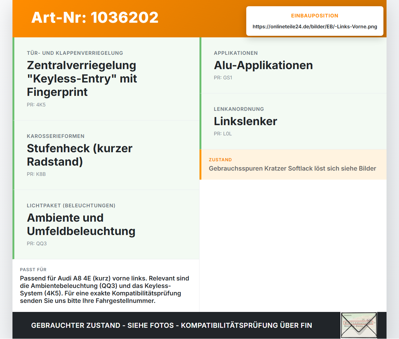 Audi A8 4E 05-08 Kurz Türgriff Griff Griffmuschel Innen Links Vorne Ambiente Light Audi A8 4E 05-08 17.05.2006... Vorschau 3