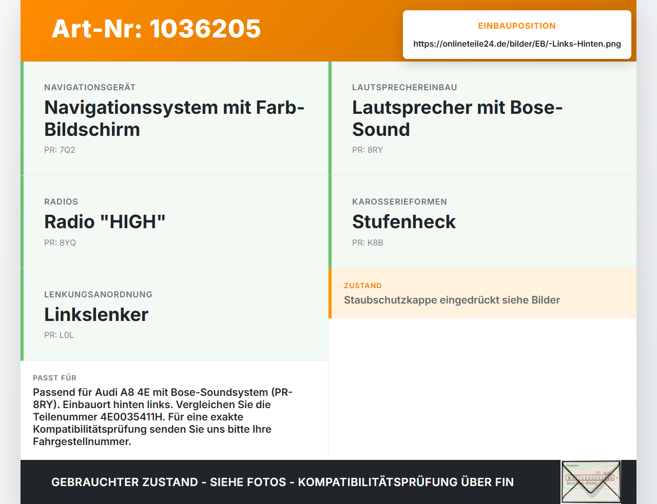 Audi A8 4E 05-08 Lautsprecher Links Hinten Orig. Bose Audi A8 4E 05-08 17.05.2006 4E0035415 4E0035411H 280381-001... Vorschau 3