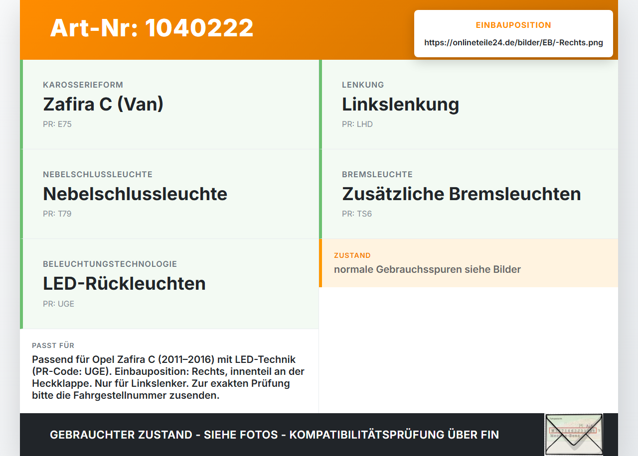 Opel Zafira C 11-16 Rückleuchte Heckleuchte für Klappe Innen Rechts LED Opel Zafira C 11-16 16.10.2014 13292359... Vorschau 3