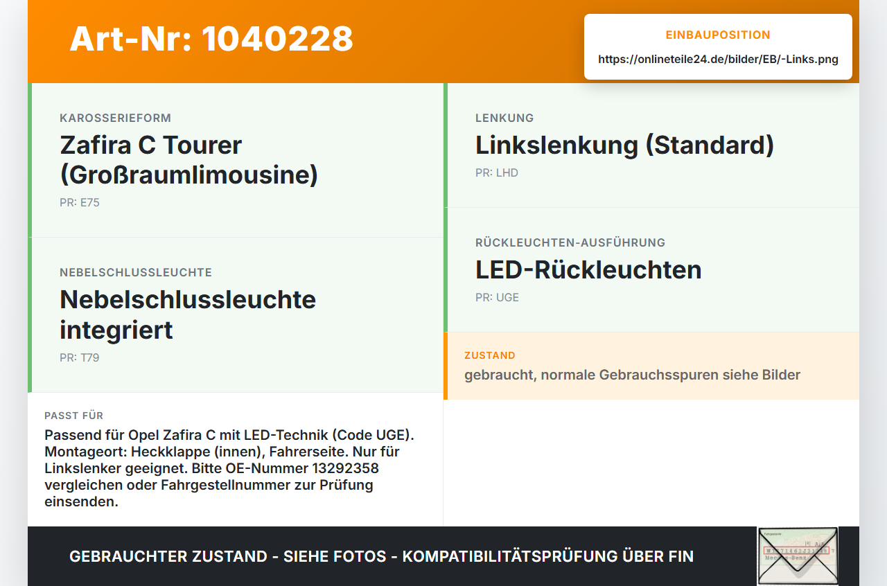 Opel Zafira C 11-16 Rückleuchte Heckleuchte für Klappe Innen Links LED Opel Zafira C 11-16 16.10.2014 13292358... Vorschau 3