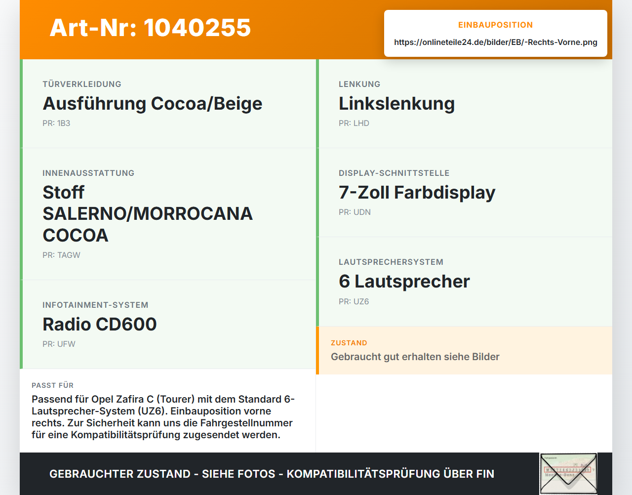 Opel Zafira C 11-16 Lautsprecher Rechts Vorne Opel Zafira C 11-16 16.10.2014 23444521 gebraucht Vorschau 3