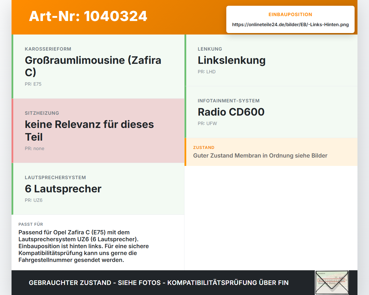 Opel Zafira C 11-16 Lautsprecher Links Hinten Opel Zafira C 11-16 16.10.2014 23444520 gebraucht Vorschau 3