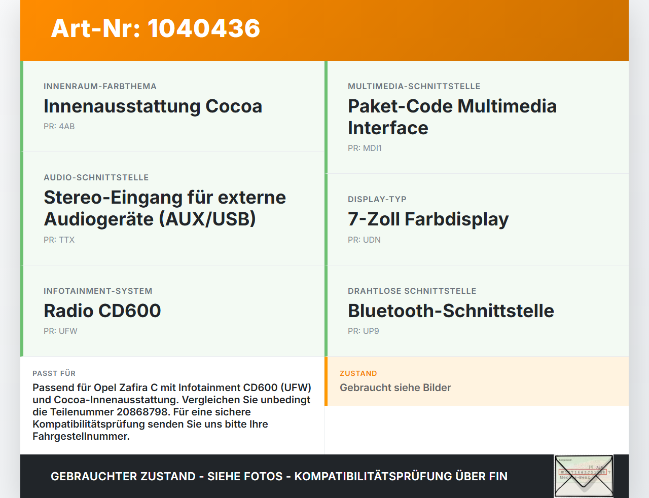 Opel Zafira C 11-16 USB AUX Buchse Anschluss Opel Zafira C 11-16 16.10.2014 20868798 NAL2141907CE gebraucht Vorschau 3