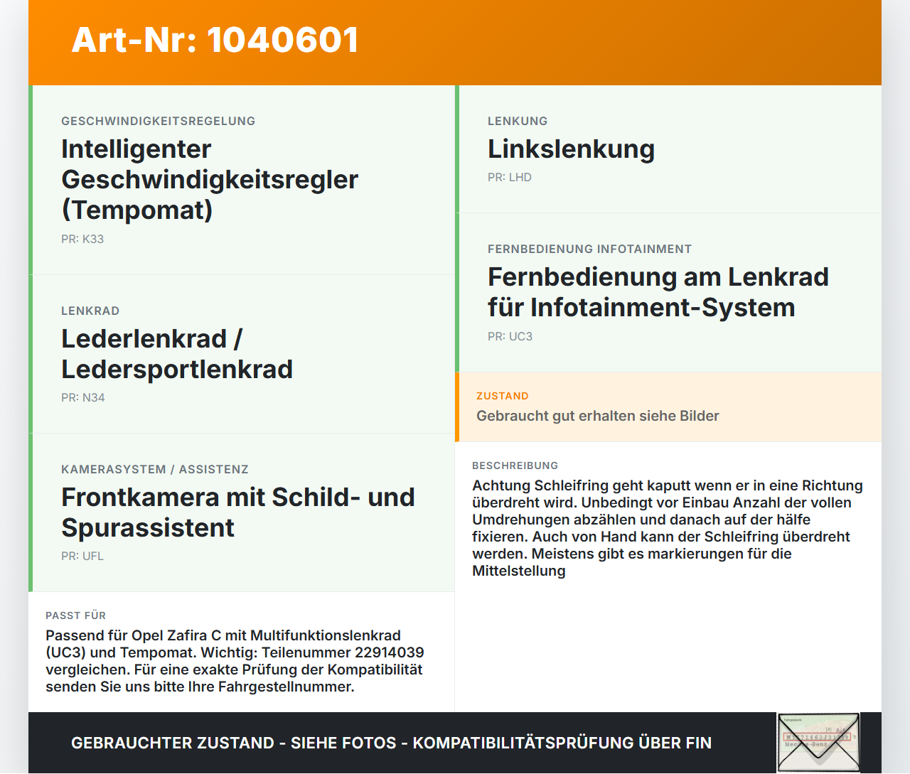 Opel Zafira C 11-16 Airbag Schleifring Wickelfeder Opel Zafira C 11-16 16.10.2014 22914039 7GY0248N gebraucht Vorschau 3