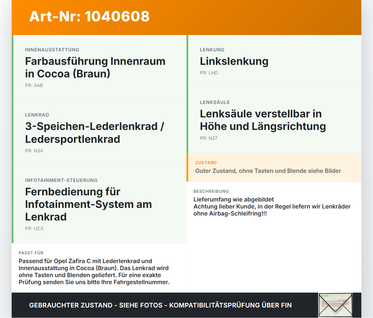 Opel Zafira C 11-16 Lederlenkrad Lenkrad Braun Mokka ohne Tasten Opel Zafira C 11-16 16.10.2014 13376074 gebraucht Vorschau 3