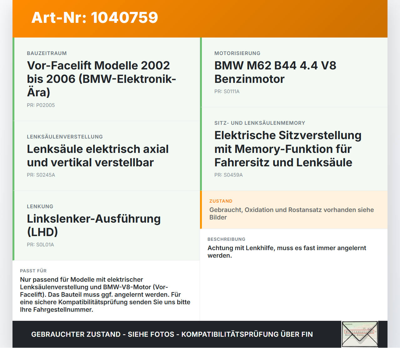 Land Range Rover III L322 02-06 Lenkhilfe Lenksäule elektrisch Land Range Rover III L322 02-06 02.08.2002 QMB500711... Vorschau 3