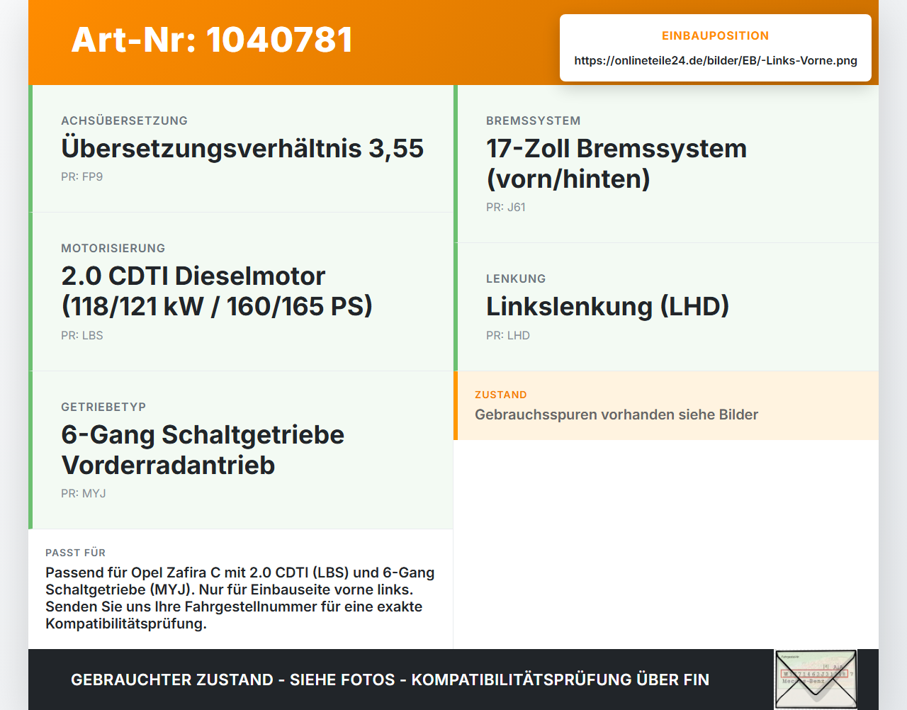 Opel Zafira C 11-16 CDTi 2,0 121KW Antriebswelle Gelenkwelle Getriebe Links Vorne Opel Zafira C 11-16 16.10.2014... Vorschau 3