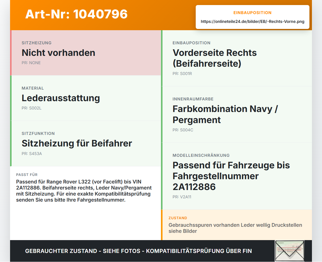 Land Range Rover III L322 02-06 Sitzbezug Rückenpolster Rechts Vorne für Beifahrer Sitz beheizt Leder Land Range... Vorschau 3