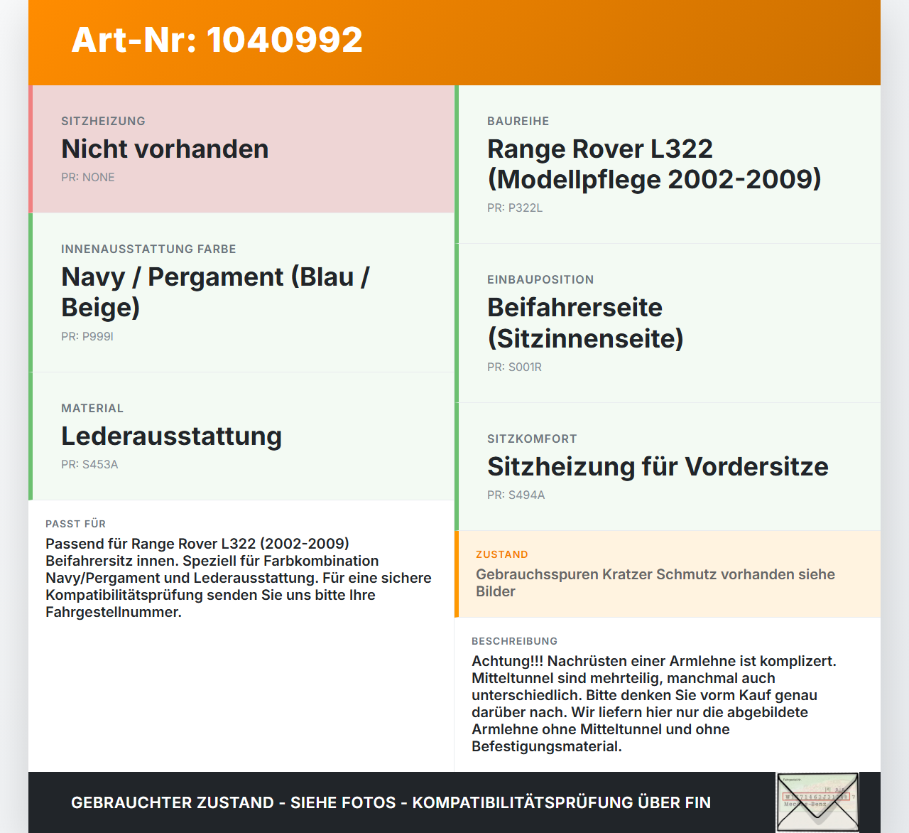 Land Range Rover III L322 02-06 Armlehne Mittelarmlehne Auflage für Beifahrer Sitz Innenseite Land Range Rover III... Vorschau 3