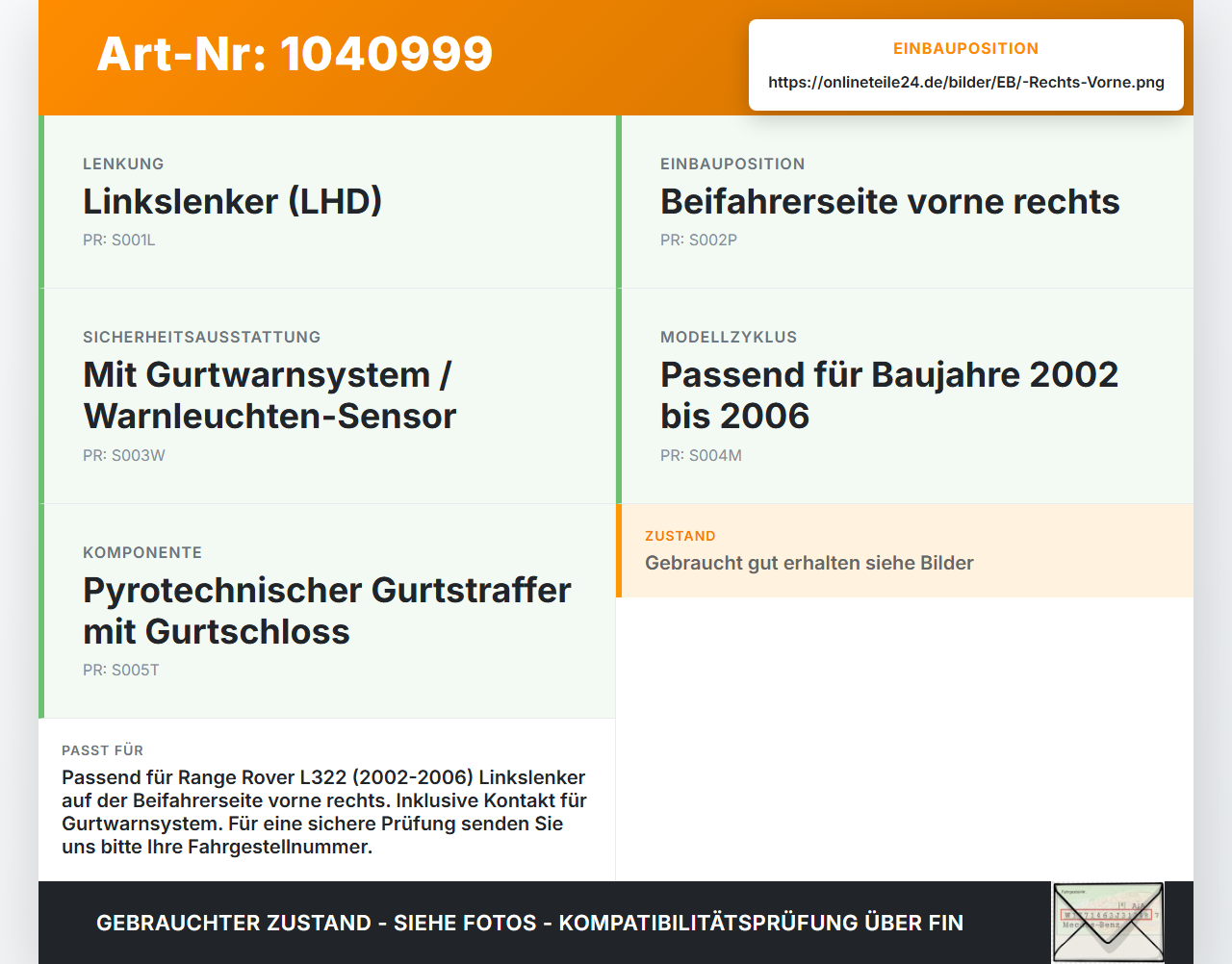 Land Range Rover III L322 02-06 Gurtstraffer Gurtschloss Beifahrer Rechts Vorne Land Range Rover III L322 02-06... Vorschau 3