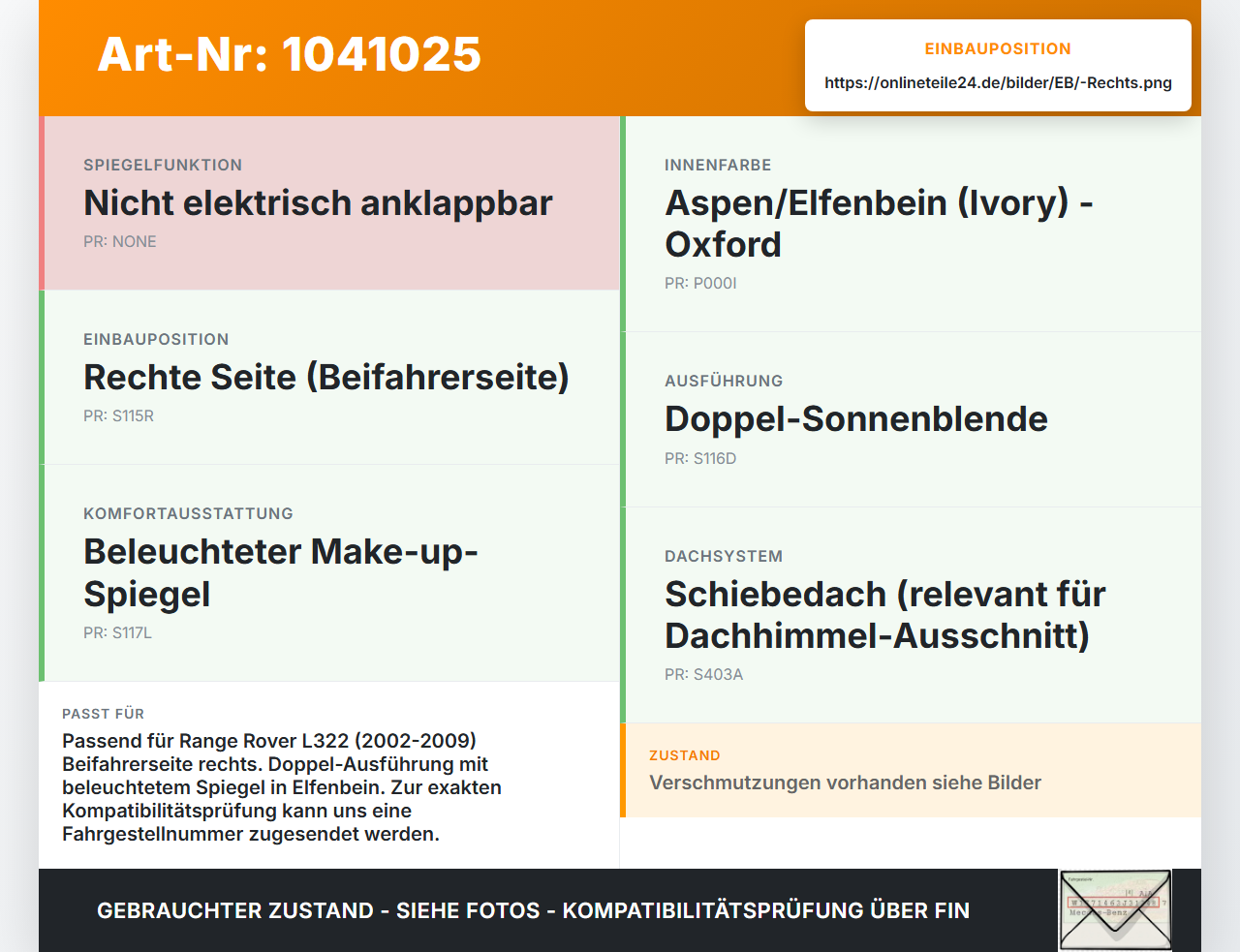 Land Range Rover III L322 02-06 Doppel- Sonnenblende Rechts für Beifahrer beleuchteter Spiegel Land Range Rover III... Vorschau 3