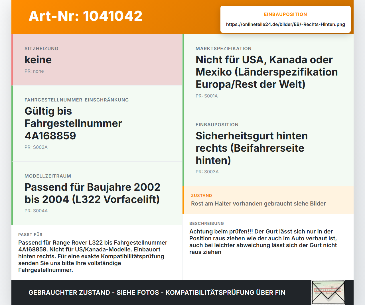 Land Range Rover III L322 02-06 Gurt Sicherheitsgurt Rechts Hinten Land Range Rover III L322 02-06 02.08.2002... Vorschau 3