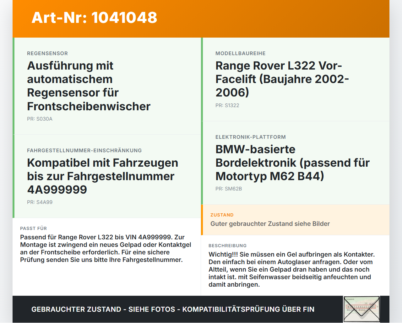 Land Range Rover III L322 02-06 Regensensor Land Range Rover III L322 02-06 02.08.2002 YDB105430L YDB105430 6904012... Vorschau 3