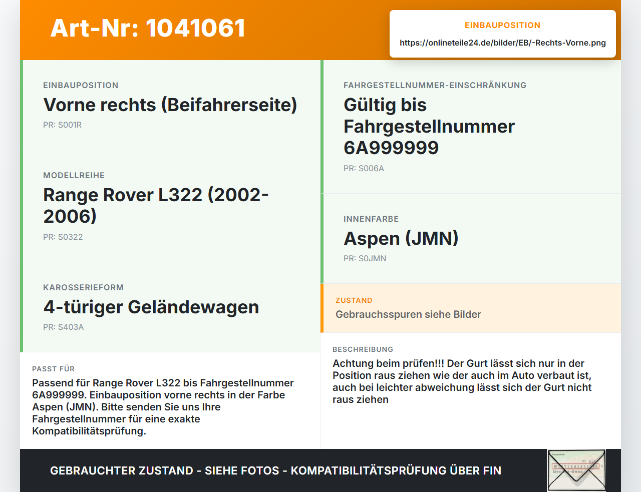 Land Range Rover III L322 02-06 Gurt Sicherheitsgurt Rechts Vorne Land Range Rover III L322 02-06 02.08.2002... Vorschau 3