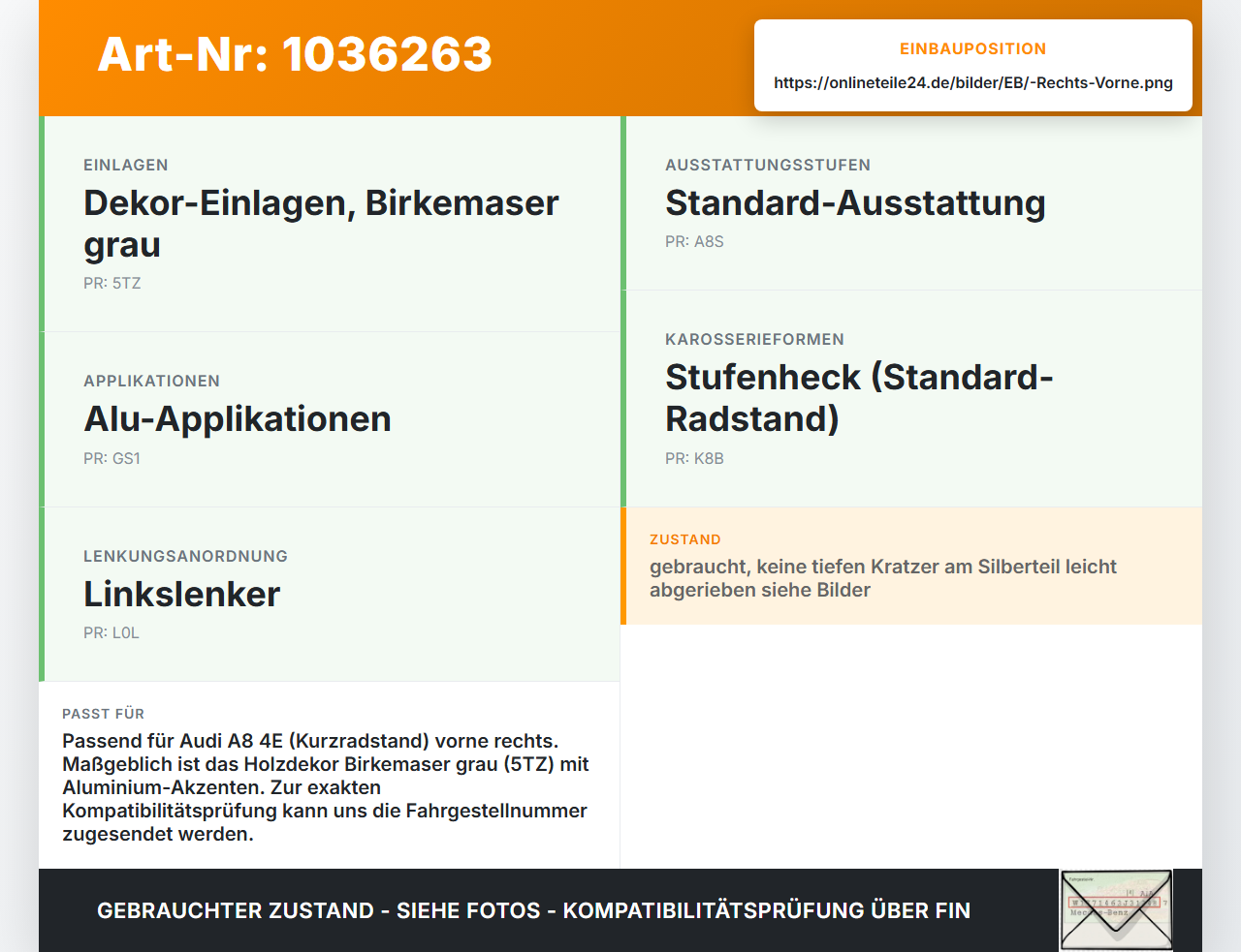 Audi A8 4E 05-08 Kurz Türleiste Rechts Vorne Innen Holzdekor LY7W Audi A8 4E 05-08 17.05.2006 4E0867410N 4E0867410... Vorschau 3