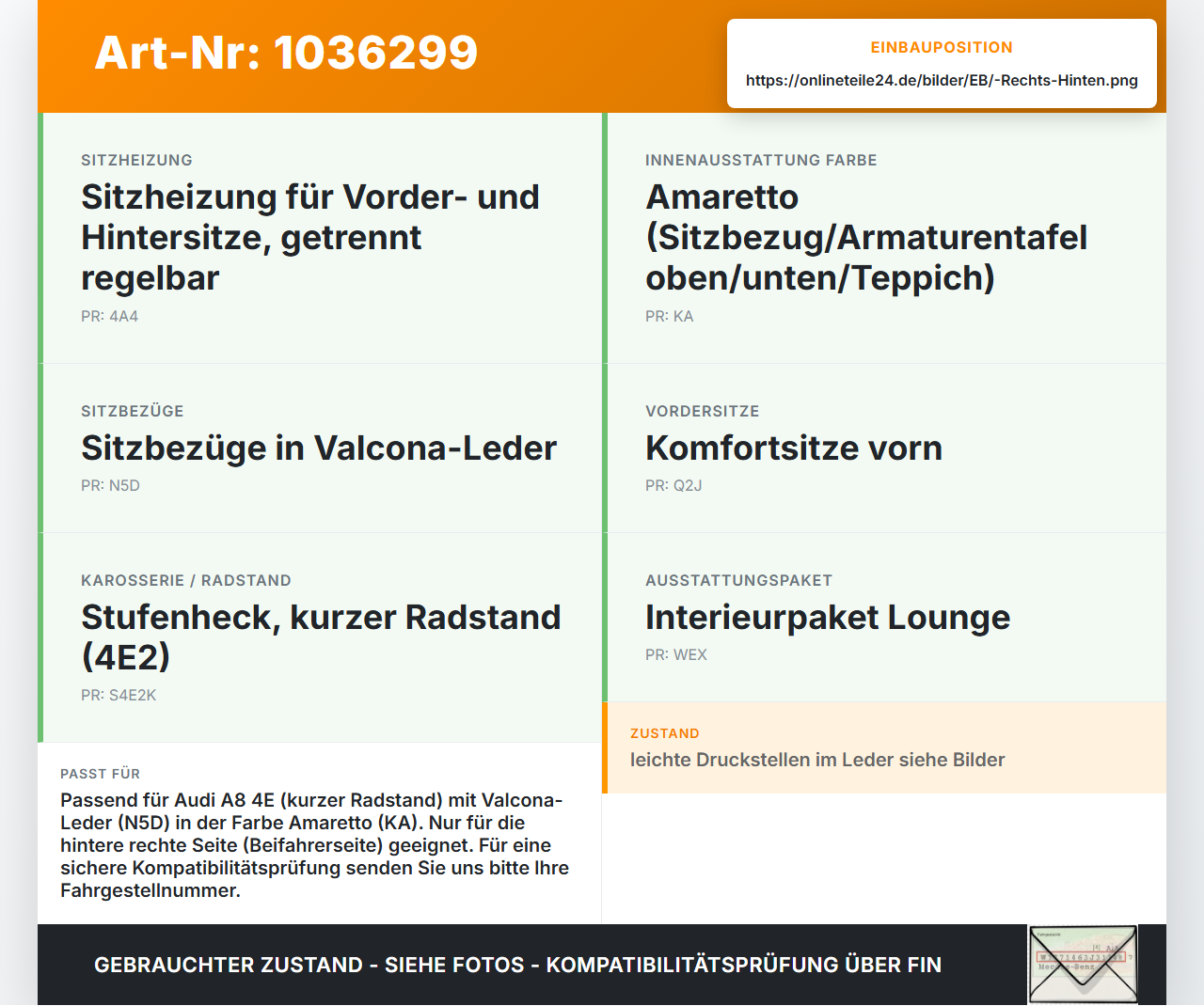 Audi A8 4E 05-08 Kurz Kopfstütze für Beifahrer Sitz Rechts Hinten Audi A8 4E 05-08 17.05.2006 4E0885905 gebraucht Vorschau 3