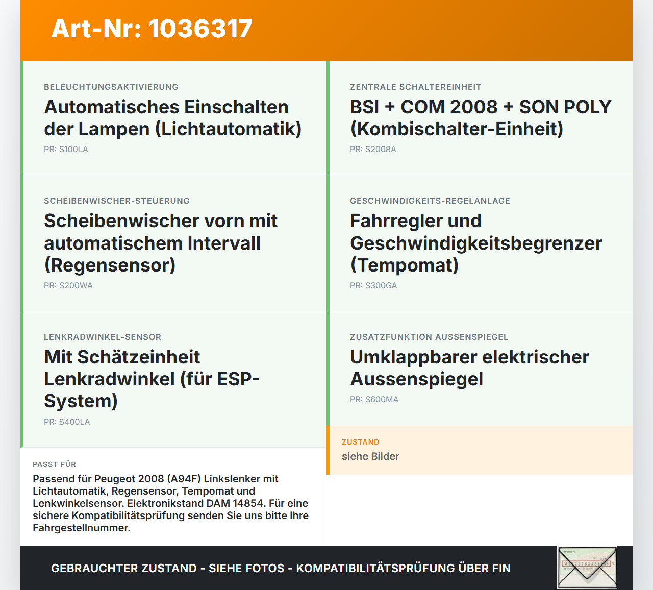 Peugeot 2008 CU 16-19 Lenkstockschalter Blinker Wischer Kombischalter Peugeot 2008 CU 16-19 30.08.2017 00028415... Vorschau 3