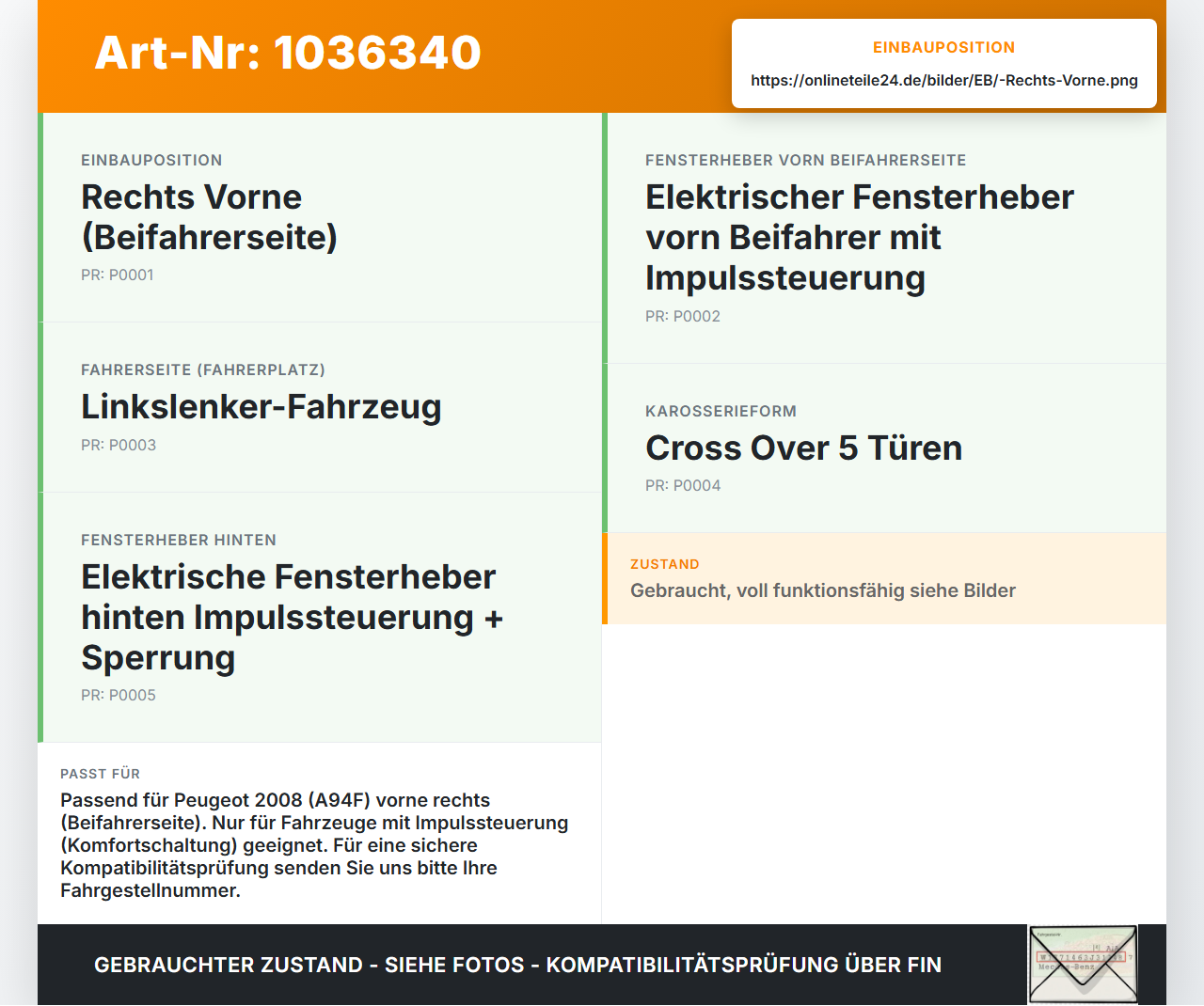 Peugeot 2008 CU 16-19 Fensterhebermotor mit Fensterheber Rechts Vorne Peugeot 2008 CU 16-19 30.08.2017 9816401680... Vorschau 3