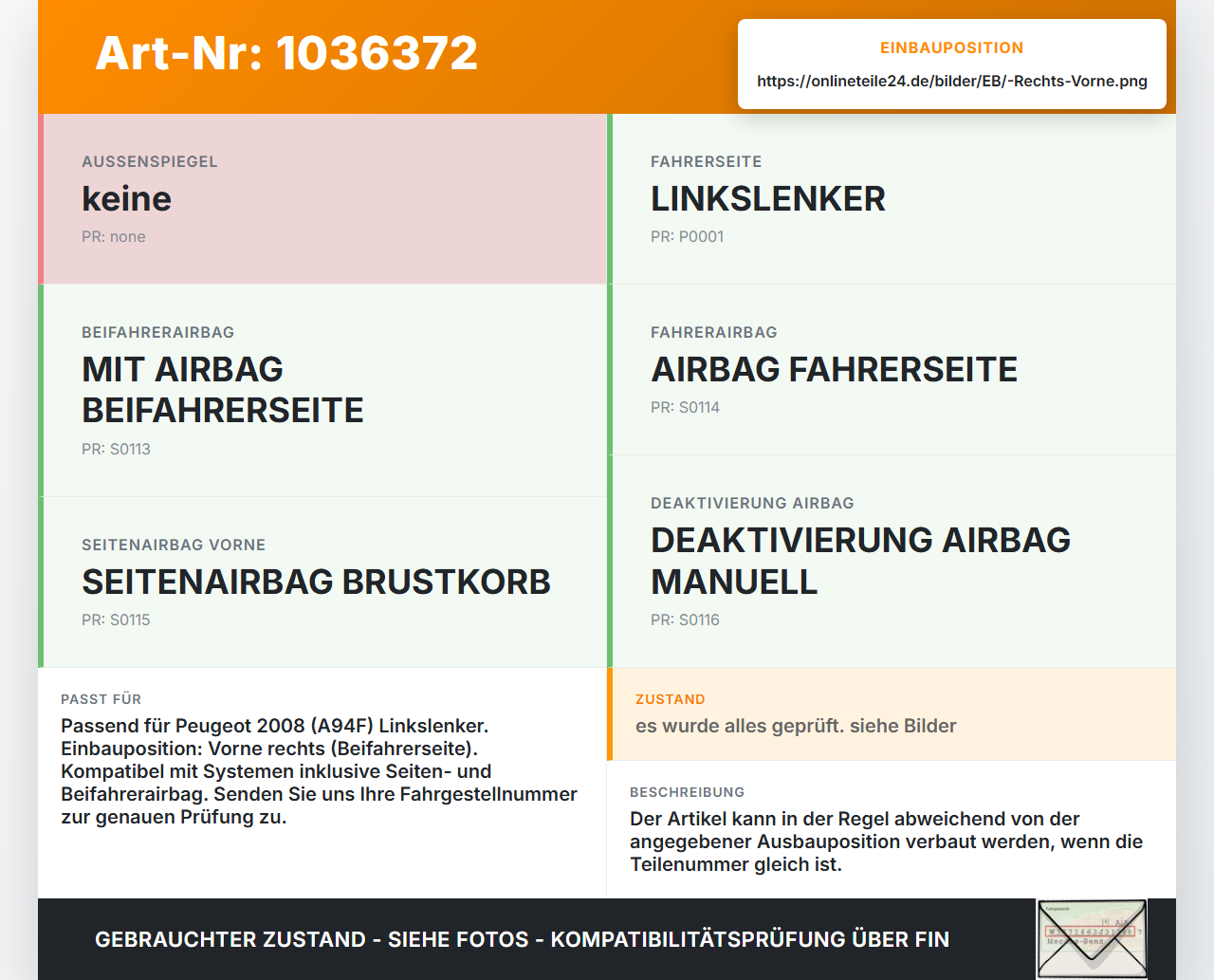 Peugeot 2008 CU 16-19 Sensor für Airbag Crashsensor Airbagsensor Rechts Vorne Peugeot 2008 CU 16-19 30.08.2017 gebraucht Vorschau 3