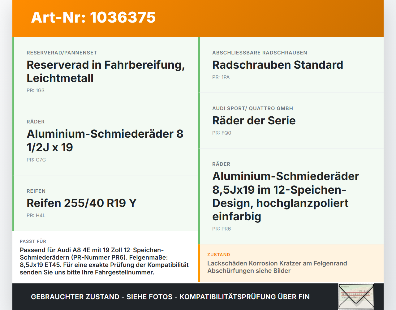 Audi A8 4E 05-08 1 x Felge Aluminiumfelge 19 Zoll 5X112 Audi A8 4E 05-08 17.05.2006 4E0 601 025 AL gebraucht Vorschau 3