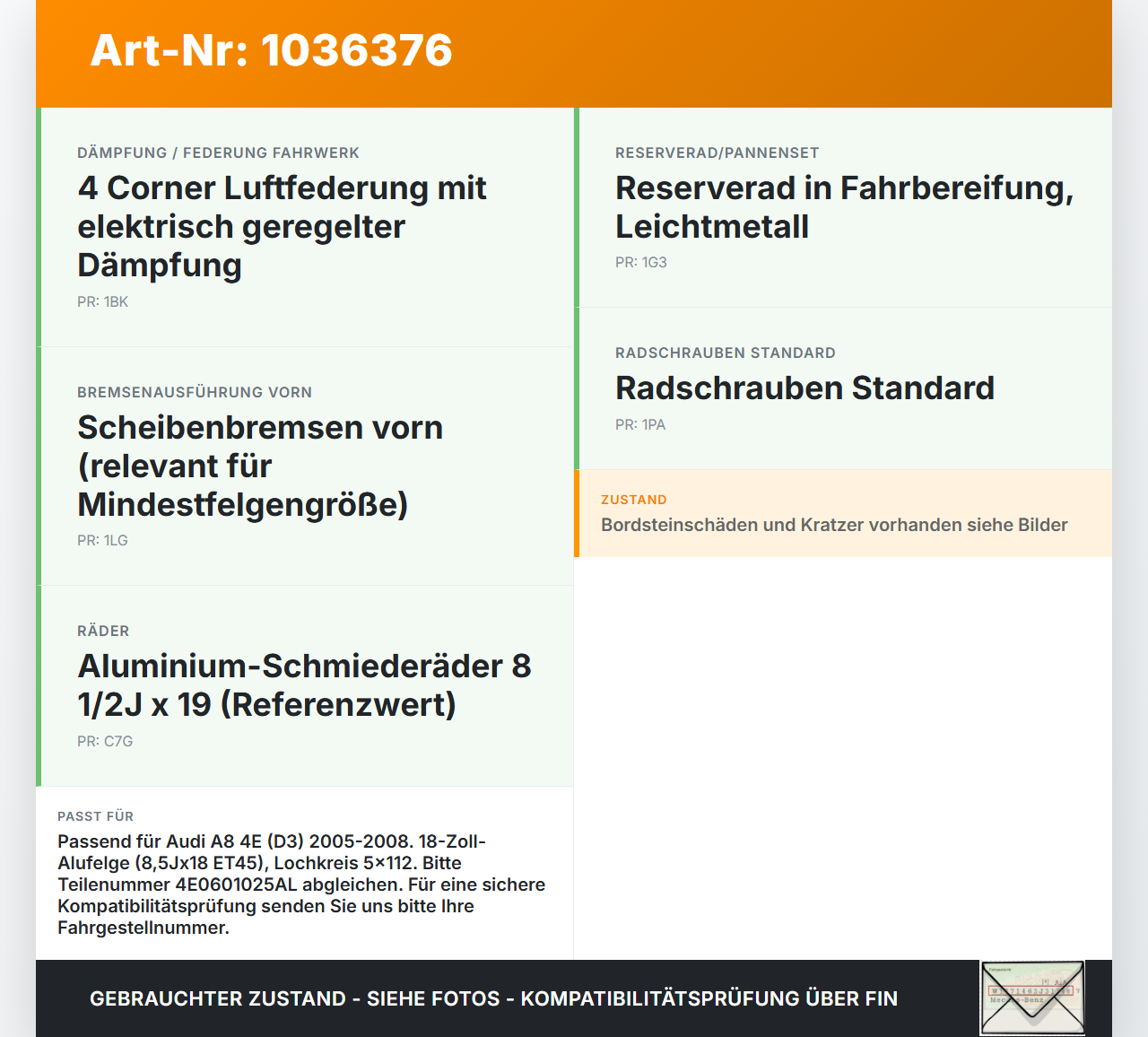 Audi A8 4E 05-08 1 x Felge Aluminiumfelge 18 Zoll 5X112 Audi A8 4E 05-08 17.05.2006 4E0601025AL gebraucht Vorschau 3