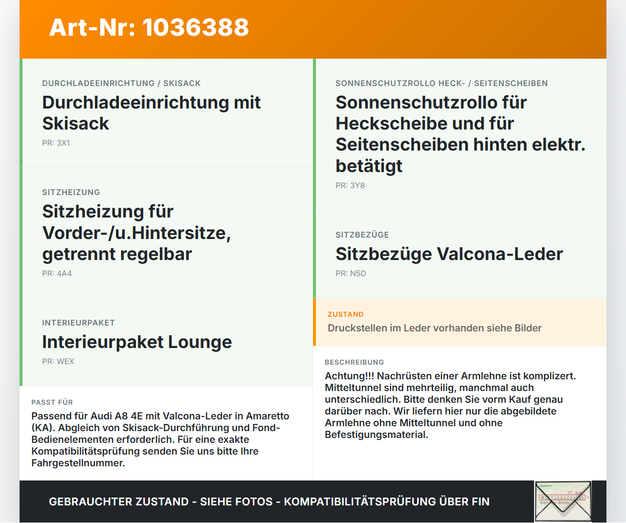 Audi A8 4E 05-08 Armlehne Mittelarmlehne Auflage Rücksitzbank Audi A8 4E 05-08 17.05.2006 4E0864208H gebraucht Vorschau 3