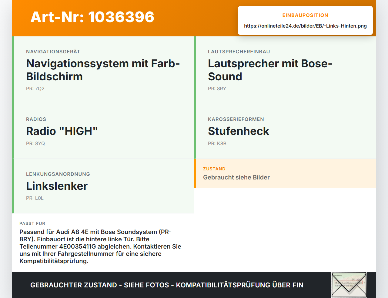 Audi A8 4E 05-08 Lautsprecher Links Hinten Orig. Bose Audi A8 4E 05-08 17.05.2006 4E0035411P 4E0035411G 280380-001... Vorschau 3