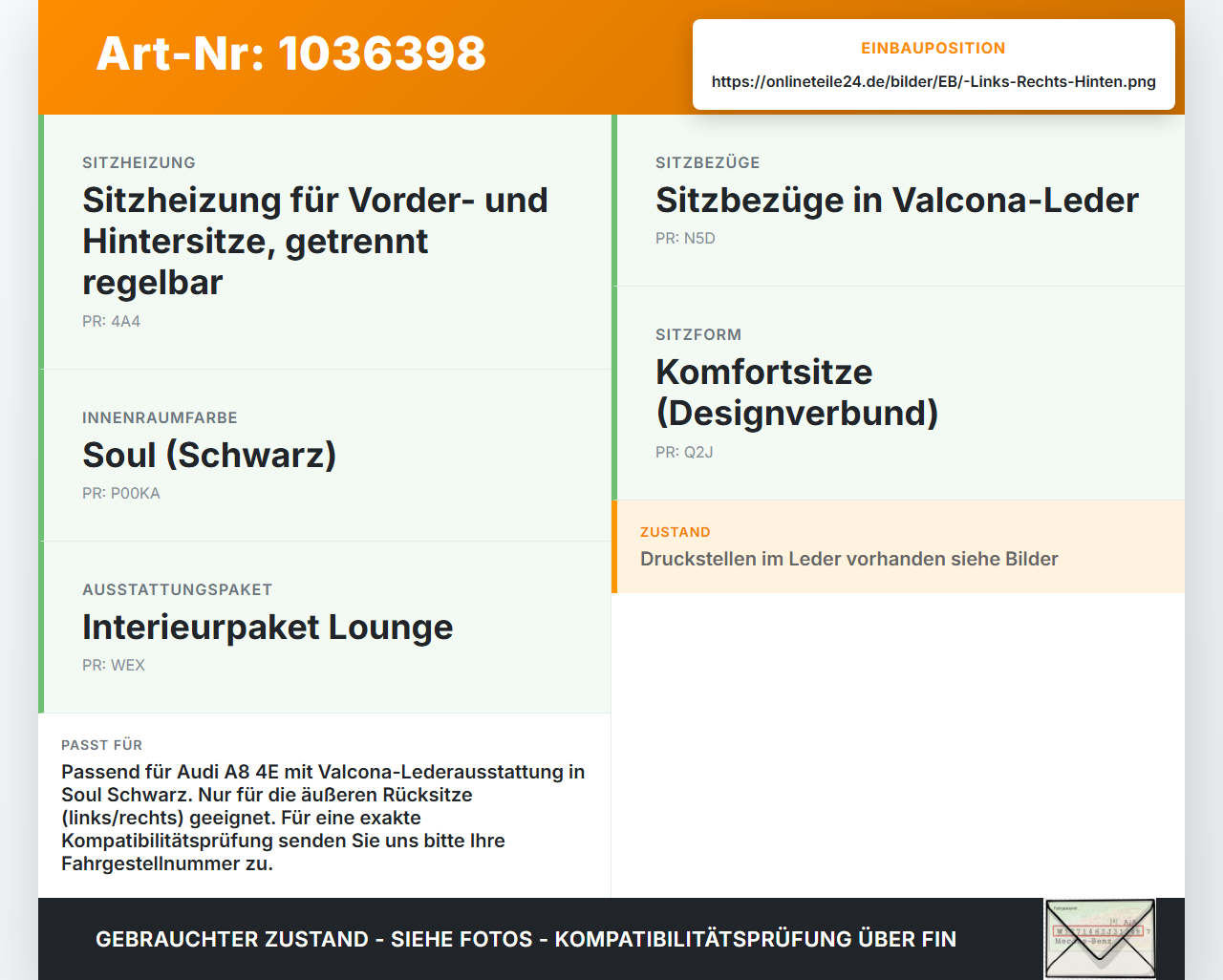 Audi A8 4E 05-08 Kopfstütze Rechts oder Links Hinten Leder Soul Schwarz Audi A8 4E 05-08 17.05.2006 4E0885905 gebraucht Vorschau 3