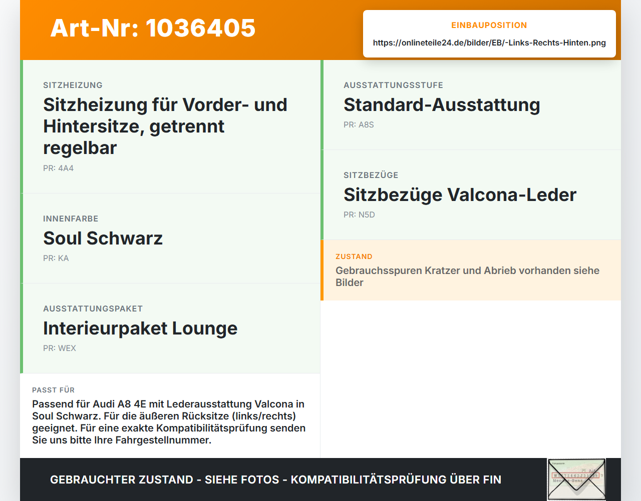 Audi A8 4E 05-08 Kopfstütze Rechts oder Links Hinten Leder Soul Schwarz Audi A8 4E 05-08 17.05.2006 4E0885905 gebraucht Vorschau 3