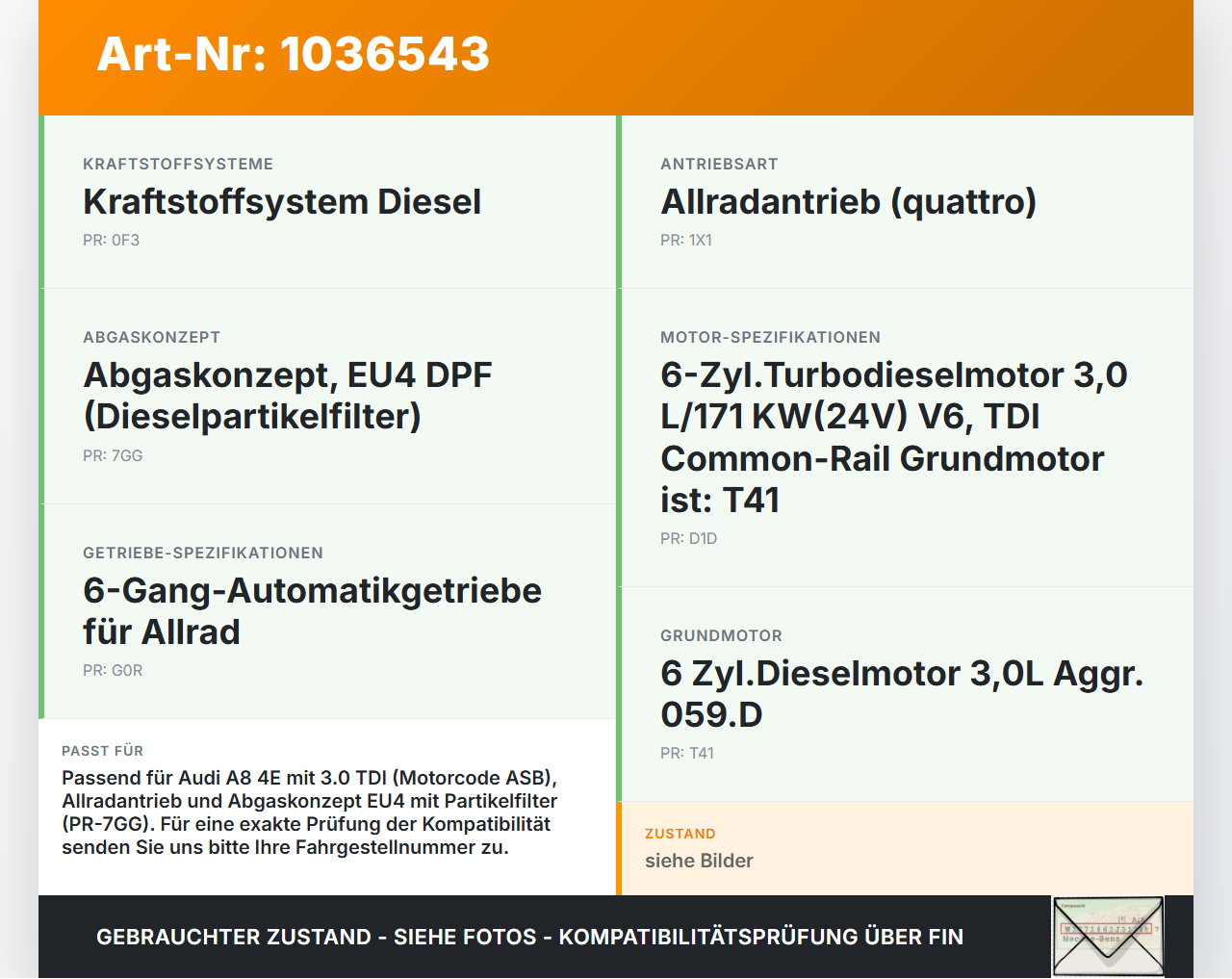 Audi A8 4E 05-08 TDI 3,0 155KW Hosenrohr Vorderrohr Abgasrohr Flexrohr Audi A8 4E 05-08 17.05.2006 gebraucht Vorschau 3