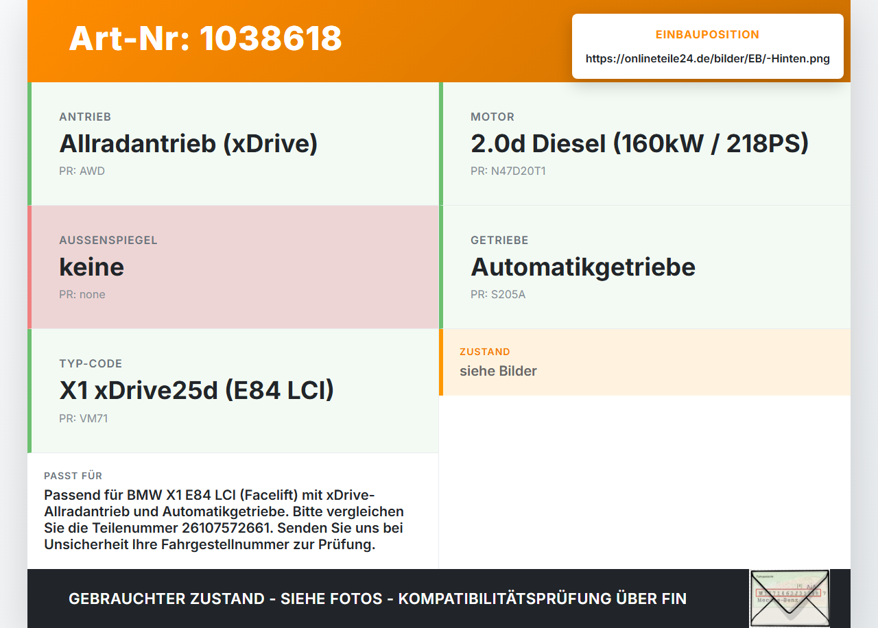 BMW X1 E84 LCI 12-15 2,0d 160KW 4WD Kardanwelle Hinten BMW X1 E84 LCI 12-15 29.10.2012 7572661 26107572661... Vorschau 3