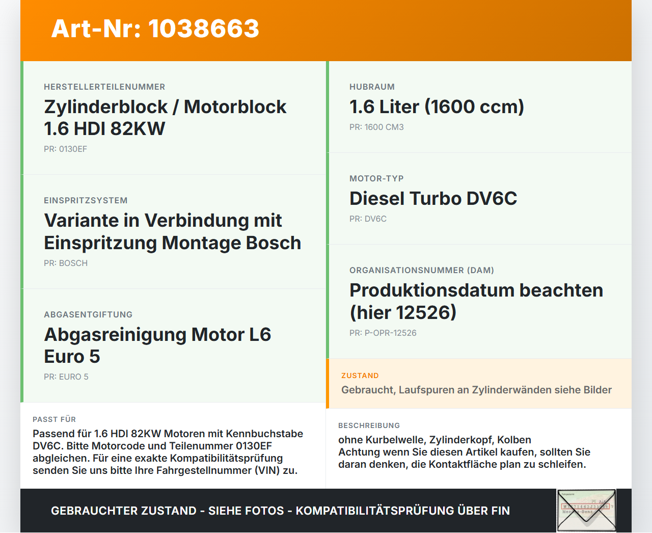 Peugeot Partner Tepee 08-12 HDI 1,6 82KW DV6C Motorblock für Motor Peugeot Partner Tepee 08-12 07.06.2011 0130EF... Vorschau 3