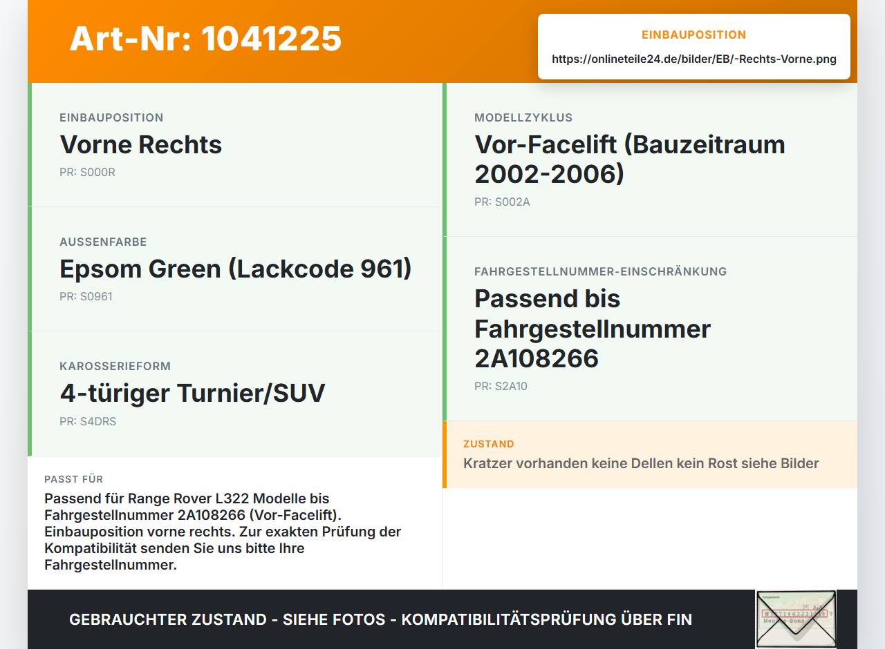 Land Range Rover III L322 02-06 Kotflügel Rechts Vorne 961 Land Range Rover III L322 02-06 02.08.2002 ASB760020... Vorschau 3