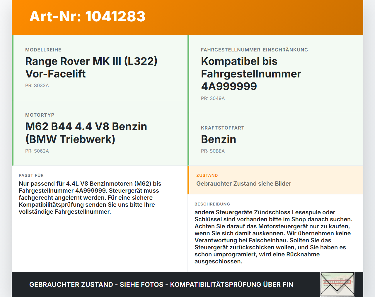 Land Range Rover III L322 02-06 4,4 210KW Steuergerät ECU für Motor Motorsteuergerät Land Range Rover III L322... Vorschau 3