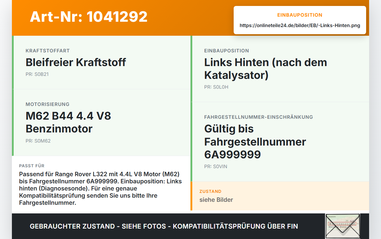 Land Range Rover III L322 02-06 4,4 210KW Lambdasonde Links Hinten Land Range Rover III L322 02-06 02.08.2002... Vorschau 3