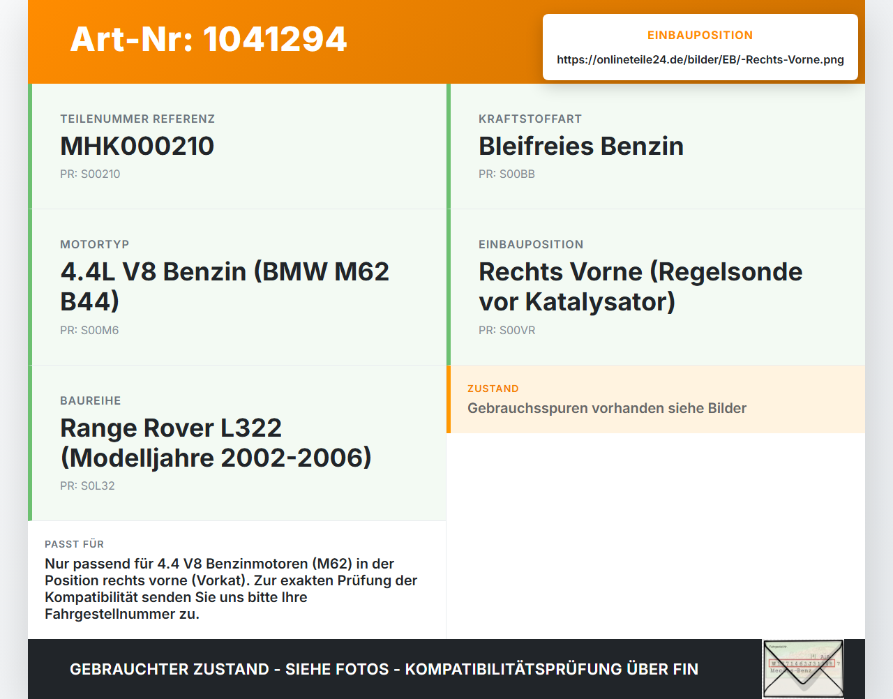 Land Range Rover III L322 02-06 4,4 210KW Lambdasonde Rechts Vorne Land Range Rover III L322 02-06 02.08.2002... Vorschau 3