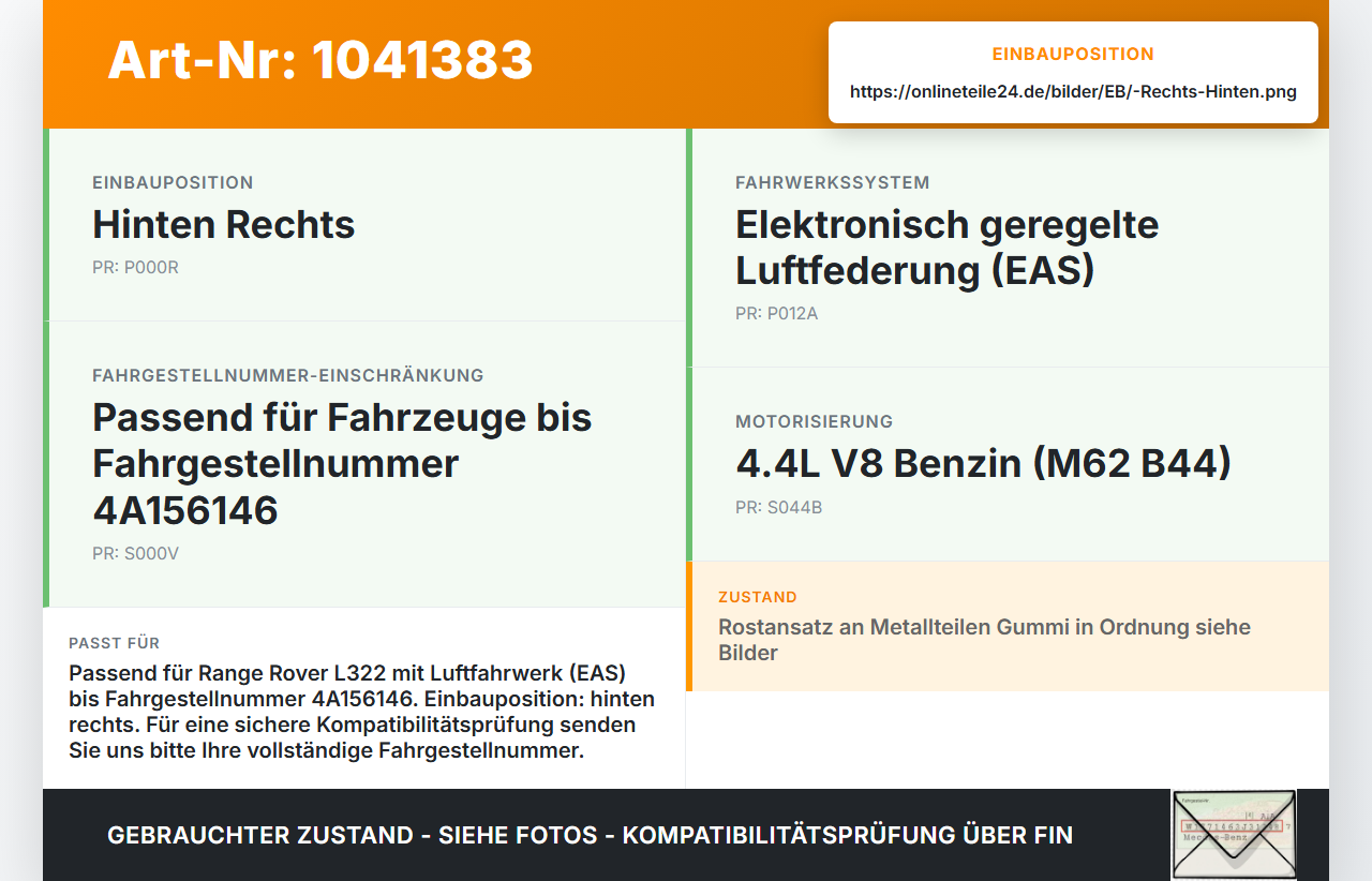Land Range Rover III L322 02-06 Feder Luftfeder Luftfahrwerk Hinten Rechts Land Range Rover III L322 02-06... Vorschau 3
