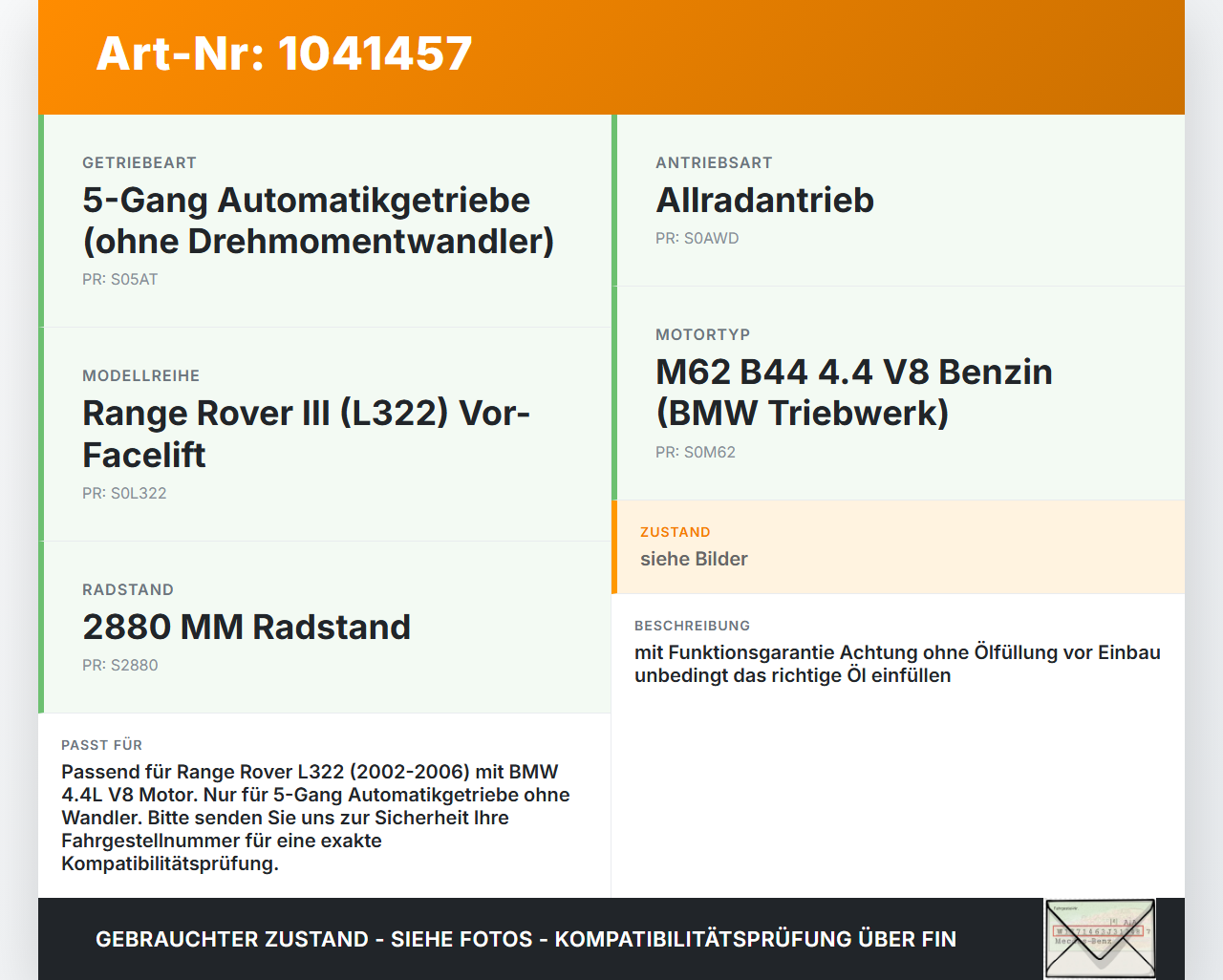 Land Range Rover III L322 02-06 4,4 210KW 4WD Automatikgetriebe Getriebe ohne Wandler Land Range Rover III L322... Vorschau 3