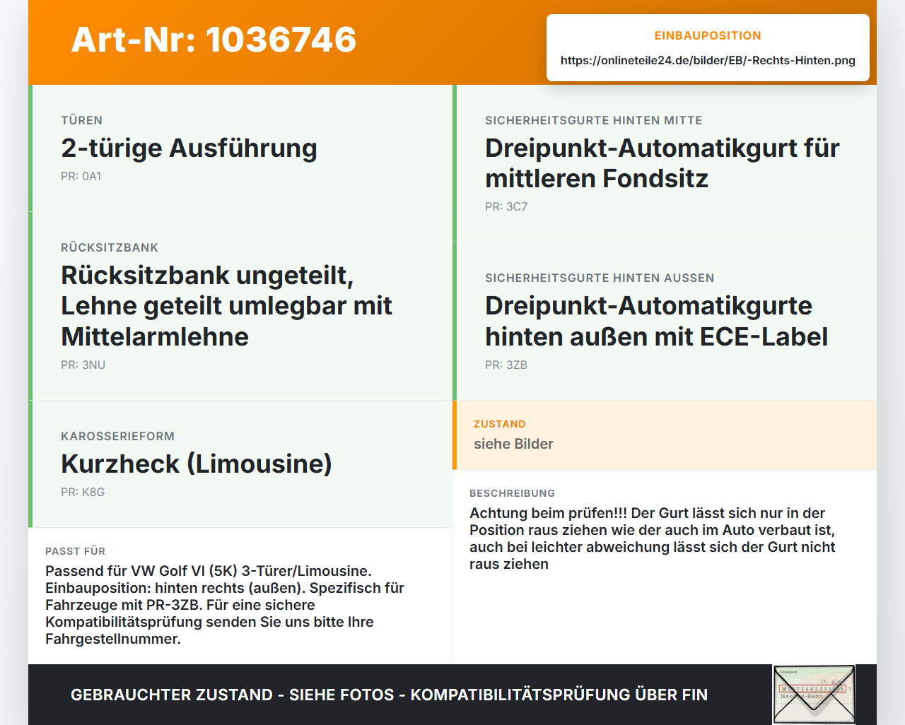 VW Golf VI 5K 08-12 Lim Gurt Sicherheitsgurt Rechts Vorne VW Golf VI 5K 08-12 26.01.2012 1K3857706AC 617978100... Vorschau 3