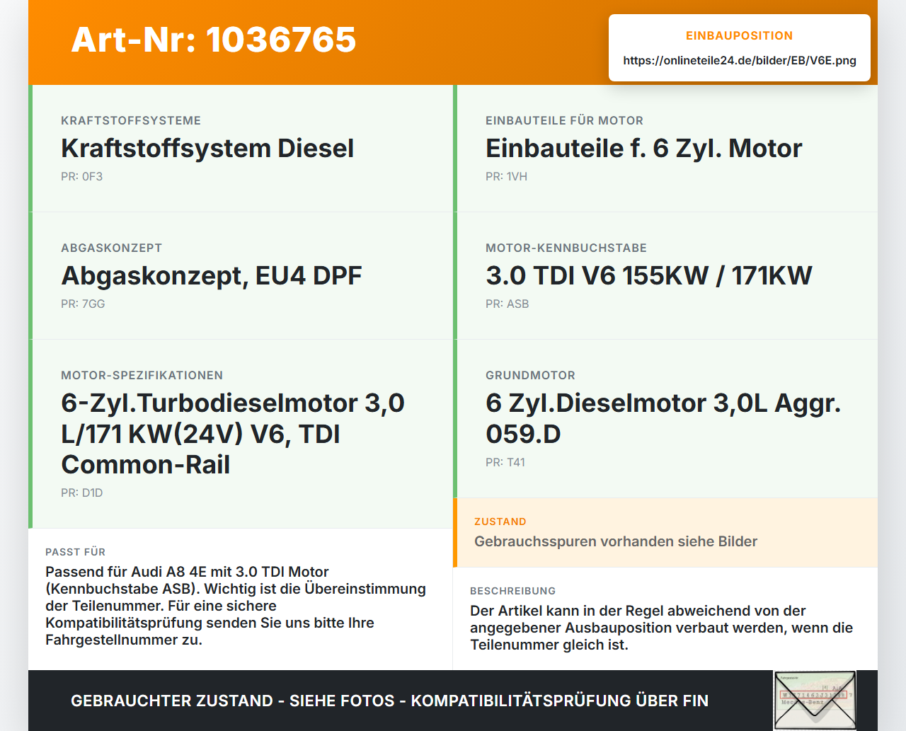 Audi A8 4E 05-08 TDI 3,0 155KW ASB Kolben mit Pleuel Pos E Audi A8 4E 05-08 17.05.2006 059107065BJ gebraucht Vorschau 3