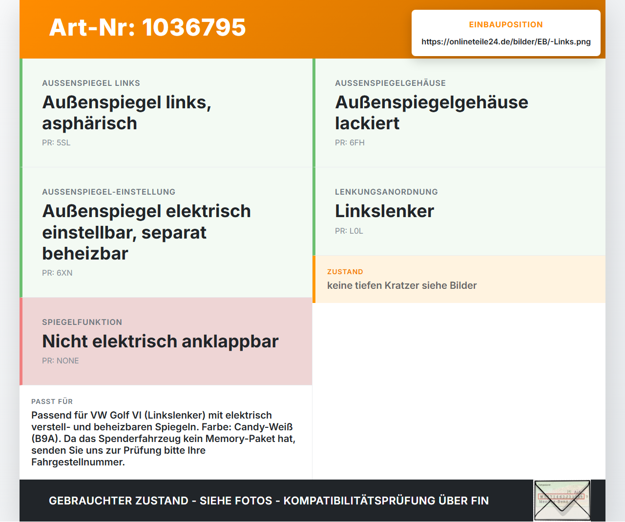 VW Golf VI 5K 08-12 Spiegel Aussenspiegel Links Memory beheizt LB9A VW Golf VI 5K 08-12 26.01.2012 5K0857507AD... Vorschau 3